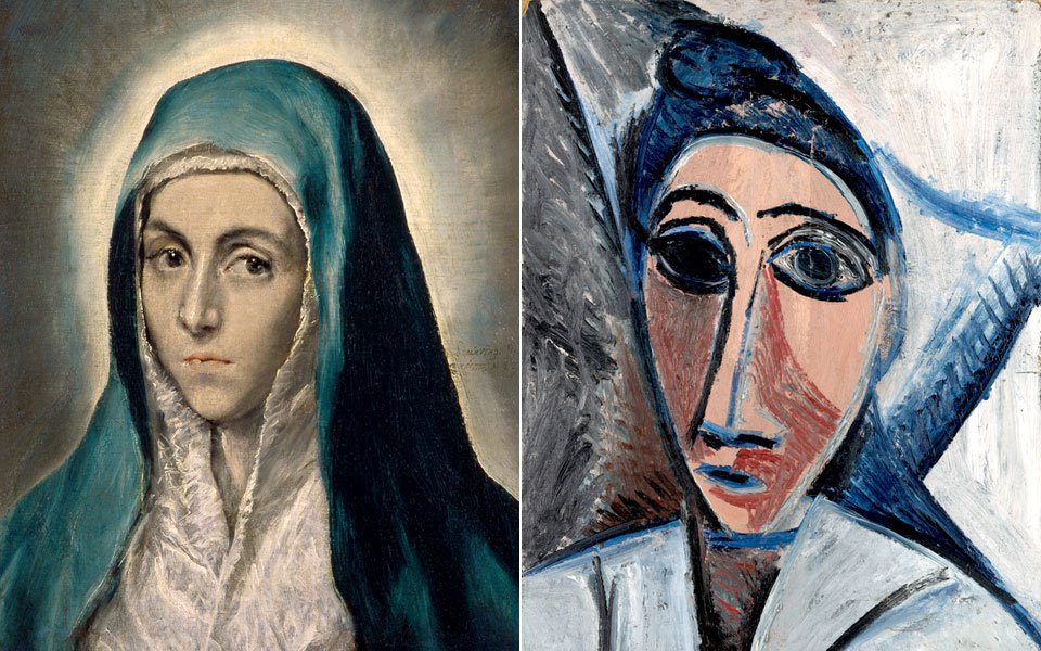 Слева направо: 1. Эль Греко. «Богоматерь». Около 1590. Strasbourg, Musée des Beaux-Arts. 2. Пабло Руис Пикассо. «Женский портрет» (Этюд к «Авиньонским девицам»). 1907. Musée National Picasso, Paris